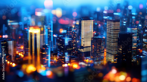 Vibrant city skyline at night, showcasing illuminated buildings and bustling atmosphere filled with lights and energy