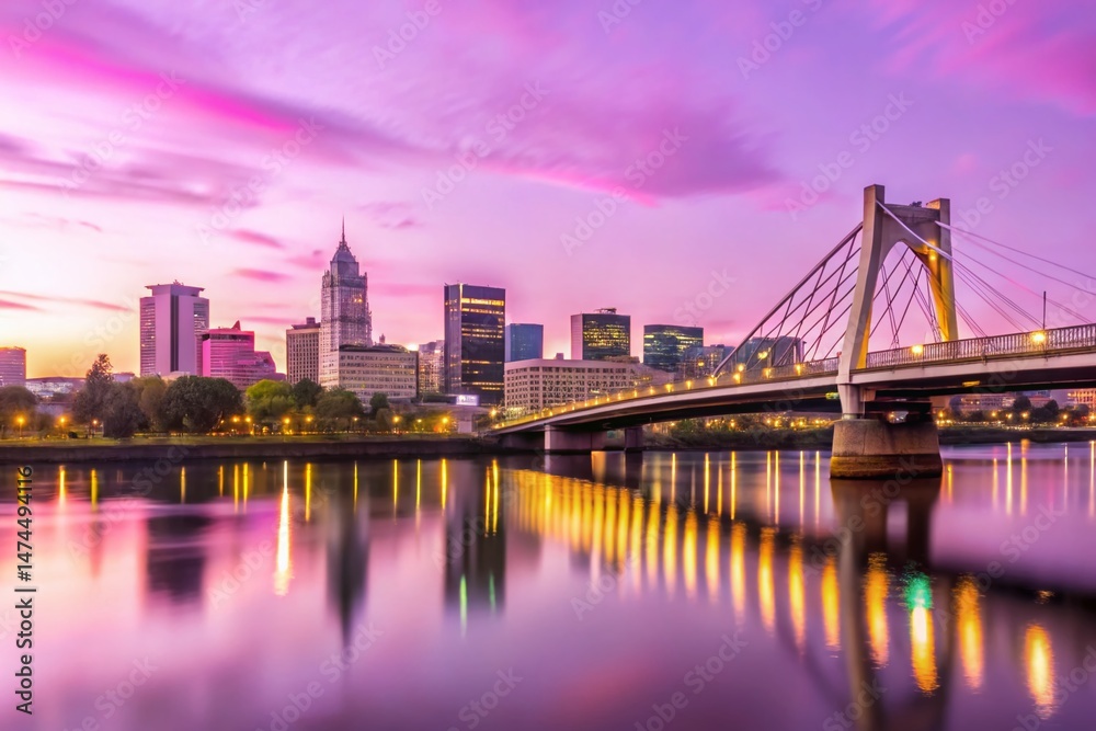 Obraz premium Dusk Portland Skyline, Tilikum Bridge Bokeh, Oregon Cityscape