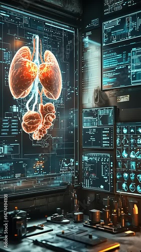 Futuristic medical lab displaying lung anatomy hologram