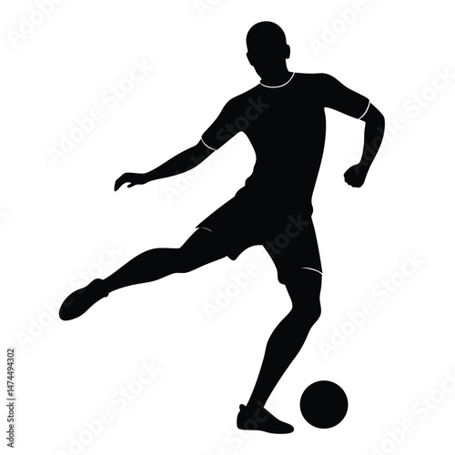 Black silhouette of an athlete kicking a soccer ball with force and precision on the white background