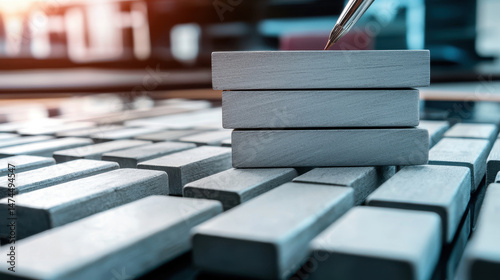 Building blocks on keyboard symbolize economic risk and credit assessment, reflecting thoughtful approach to finance