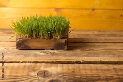 Ecology Concept: Green Grass on Rustic Wood, High Depth of Field Stock Photo