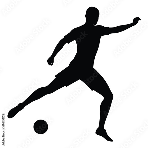 Black silhouette shows player in motion kicking the soccer ball on white background