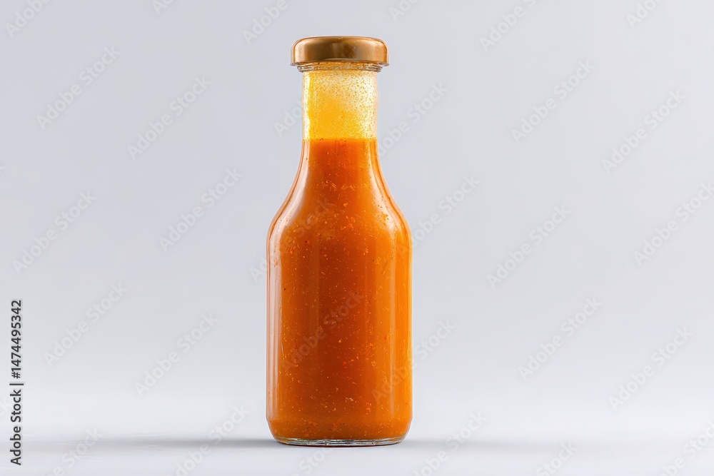 A bottle of vibrant orange sauce. Perfect for adding flavor to your favorite dishes! A bottle of vibrant orange sauce. Perfect for adding flavor to your favorite dishes!