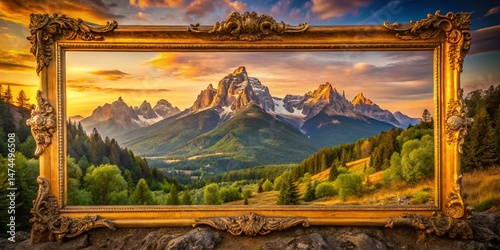 Elegant Gold Frame Landscape Photography: Serene Mountain Vista at Golden Hour