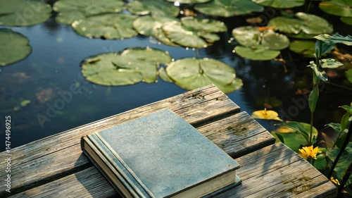 Copybook placed on old wooden bench near pond