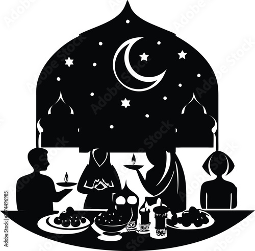 Silhouette of Muslim Family Celebrating Iftar Dinner under Starry Night