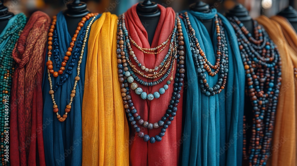 Obraz premium Serene display of eco friendly scarves styled with neutral tones and bold accent jewelry perfect for artisan and ethical fashion catalogs Color Palette Warm Sand Dark Teal Terracotta Muted Gold