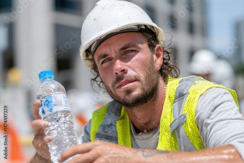 A construction worker appearing focused and hydrated, capturing the essence of labor and the importance of taking breaks in a demanding work environment.