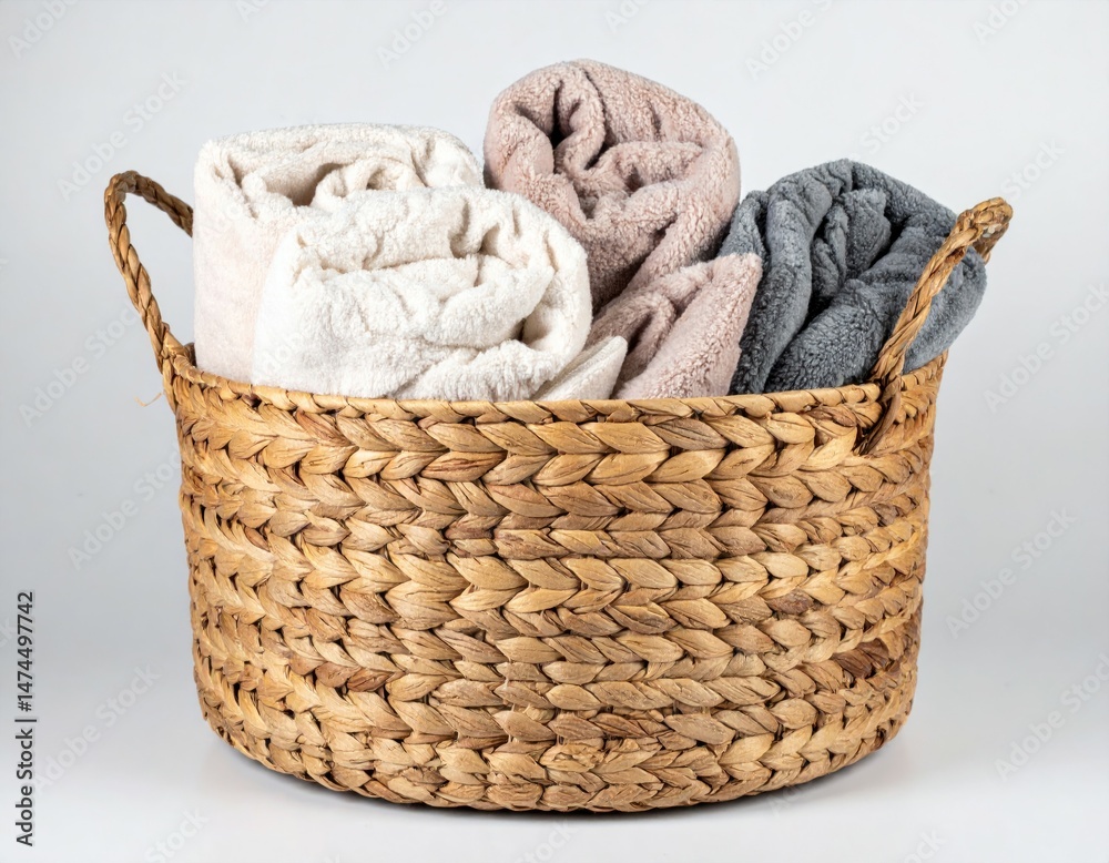 Obraz premium Cozy Towels in a Woven Basket for Home Decor and Bath Essentials