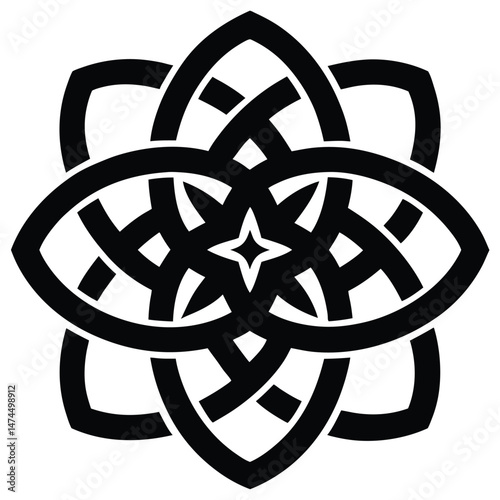 Intricate interlaced black pattern features central star and flowing symmetrical loops creating floral design