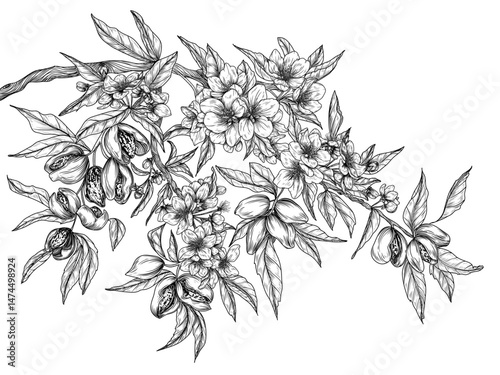 Vector illustration of a branch of blooming almonds in engraving style. Nut graphic tree. Decoration lineart of a healthy snack