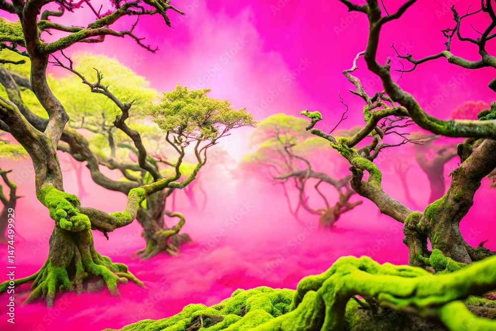 Enchanting Foggy Grove: Mystical Age-Old Forest with Twisted Branches - Stock Photo Enchanting Foggy Grove: Mystical Age-Old Forest with Twisted Branches - Stock Photo
