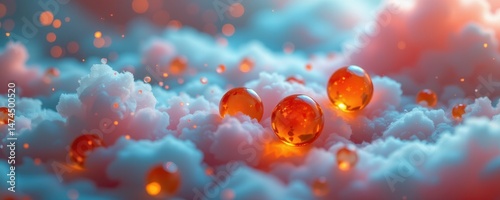 beta carotene drops floating on a cloud of pastel colored fog, with soft sparkling lights and glimmers dancing around them.