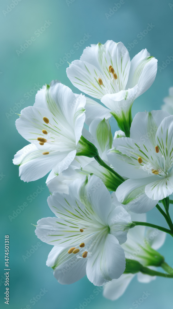 Fototapeta premium A beautiful cluster of pure white alstroemeria flowers is showcased against a soft, dreamy turquoise backdrop, highlighting its delicate petals and fresh appeal.