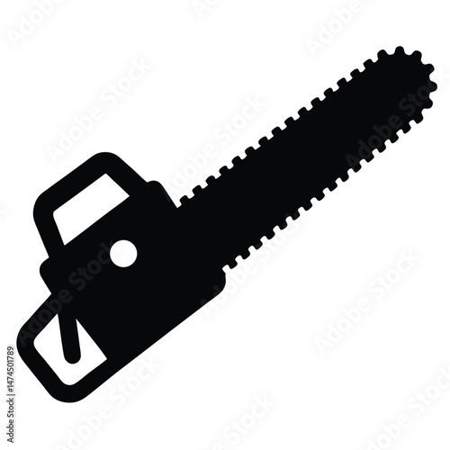 Isolated black silhouette of a chainsaw tool showcases the sharp blade on white backdrop