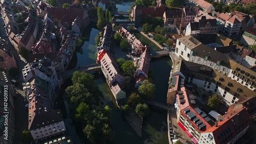 Aerial view of Nuremberg, Germany, showing the Pegnitz River, historic bridge