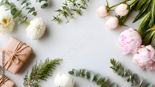 Beautiful arrangement of fresh flowers and gift boxes on a light background, creating a serene and inviting atmosphere for celebrations and special occasions. Selective focus