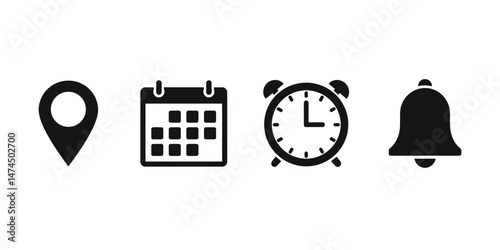 Set of four vector icons: location, calendar, clock, and notification bell icon