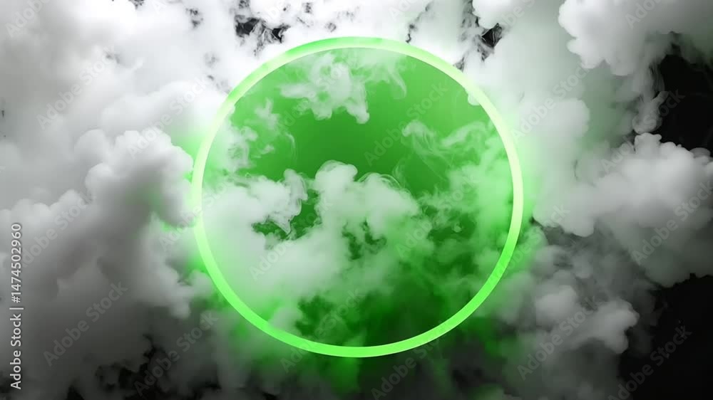 Perfect smoke ring frames glowing green screen circle
