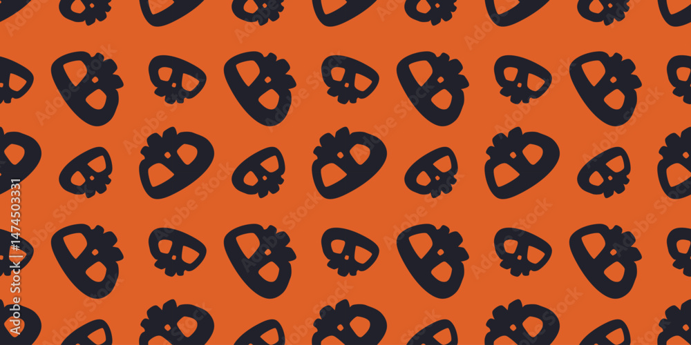 Obraz premium Seamless Halloween pattern with pumpkin skull silhouettes on orange background. Minimalist spooky design perfect for wrapping paper, backgrounds, decorations, and seasonal branding