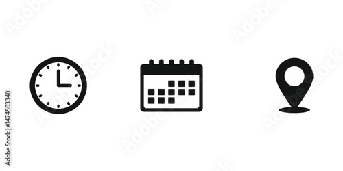 Clock calendar location icon set vector time date place symbol graphic asset