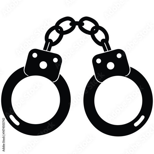 Isolated handcuff illustration features a sturdy chain connecting the circular wrist restraints in bold black