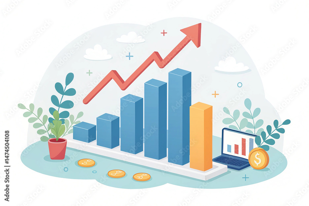 Fototapeta premium Growth bar chart with columns and upward arrow, trading up. Financial stock market