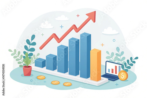 Growth bar chart with columns and upward arrow, trading up. Financial stock market