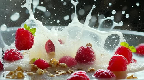 Creative splash composition with cereal, milk, and raspberries