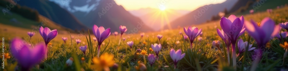 Fototapeta premium Sunrise bathes purple narcissus and crocus in alpine meadow, sky, crocus