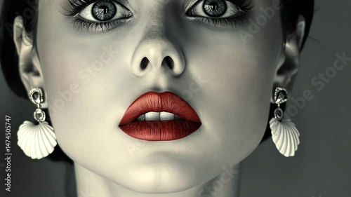 An intellectual woman, full lipstick, big eyes, wearing shell shaped earrings.