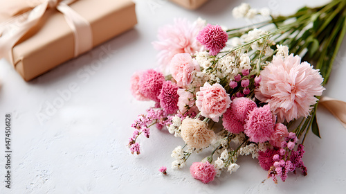 Beautiful bouquet of pink and white flowers arranged elegantly with gift boxes in soft natural light for special occasions. Seletive focus