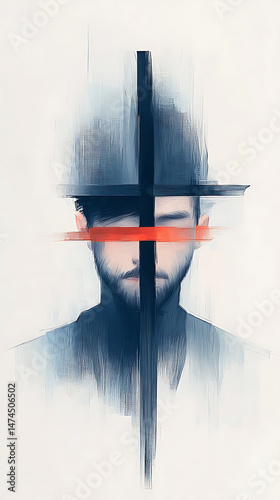 Abstract Man with Cross, Portrait, and Blue.