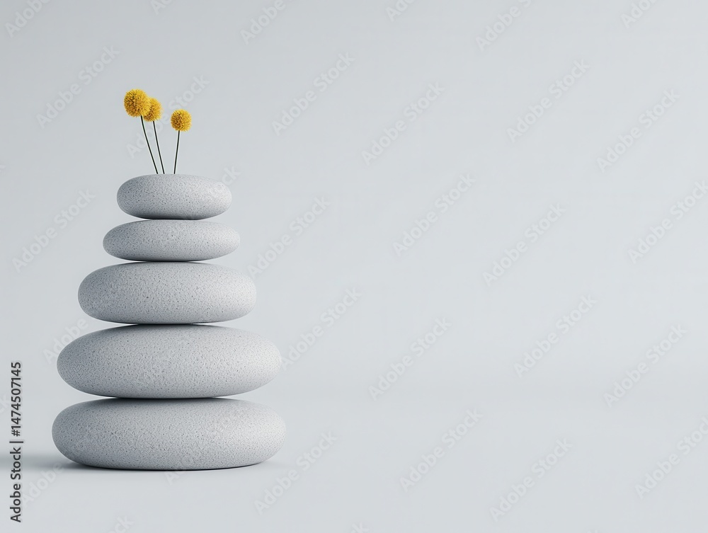 Fototapeta premium Stacked smooth stones with three yellow flowers on top, all set against a minimalist light background, symbolizing balance and tranquility.