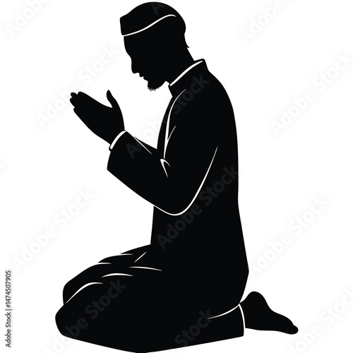 Kneeling muslim man silhouette with beard is praying peacefully and devotedly to god