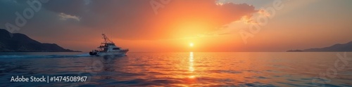 Sunrise paints the Sea of Cortez, small fishing boat cuts through calm water, leaving a gentle V-wake , water, morning light, vibrant