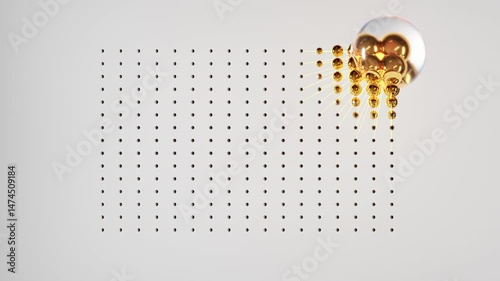 Seamless 4K loop showing a transparent sphere moving through a structured field of black dots, activating them into glowing golden spheres connected by lines. A conceptual animation visualizing data