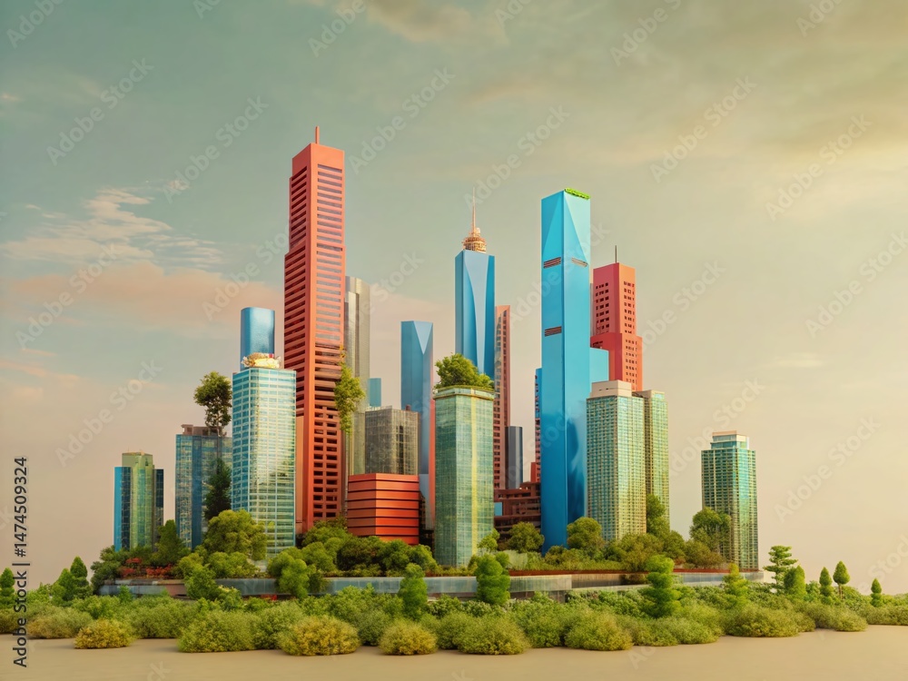 Fototapeta premium Futuristic Cityscape: Harmonious Skyscrapers & Greenery - High-Resolution Stock Photo