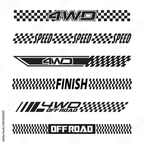 Set checkered flag designs, racing stripe speed, finish line motorsport, silhouettes text lines