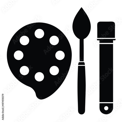 Palette paintbrush and tube showcase classic artist tools in a clean black silhouette