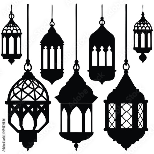 Ornate Ramadan lanterns hang as silhouettes, creating an atmospheric traditional for holiday celebration