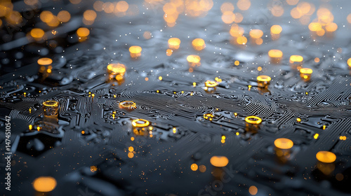 Glowing circuit board patterns create mesmerizing visual of technology and innovation, showcasing intricate designs and lights