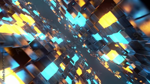 4K seamless loop showing a dynamic tunnel made of metallic cubes with glowing neon surfaces in blue and orange colors. The camera flies through the structure as the cubes move in wave-like patterns