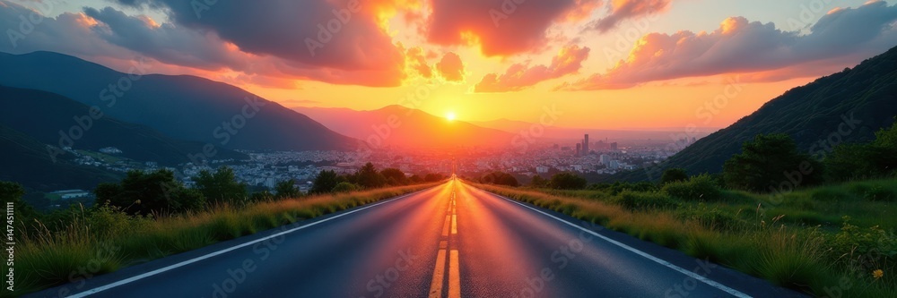 Fototapeta premium Sunset over city, asphalt road leads to green mountains , nature, travel, city