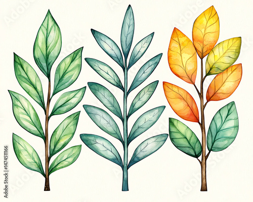 Watercolor Autumn Leaves Branches.