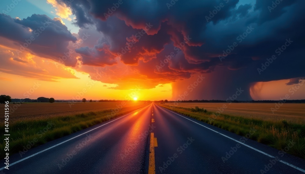 Sunset paints empty asphalt road cutting through rural landscape, ominous storm clouds gather , stock photo, rural road