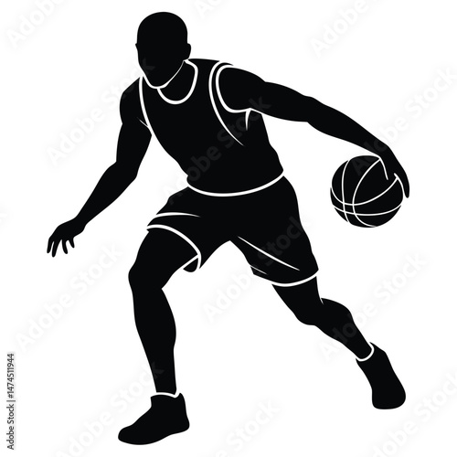 Silhouette depicts a basketball player dribbling the ball in a dynamic action pose