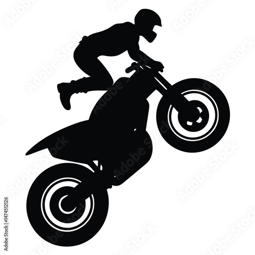 Silhouette depicts a motorcyclist riding a motorbike on one wheel against a white backdrop