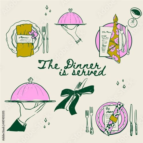 Whimsical Dinner serving set, Hand drawn dinner doodle set with server holding tray, dinner plate tableware setting, cutlery with bow